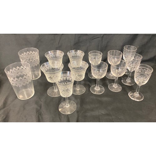 382 - Large selection of vintage etched/ pall mall glassware