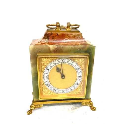 139 - Vintage brass and onyx mantle clock 15 jewel Swiss made