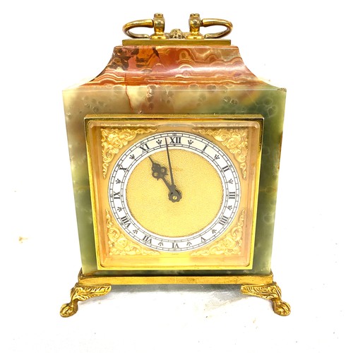 139 - Vintage brass and onyx mantle clock 15 jewel Swiss made