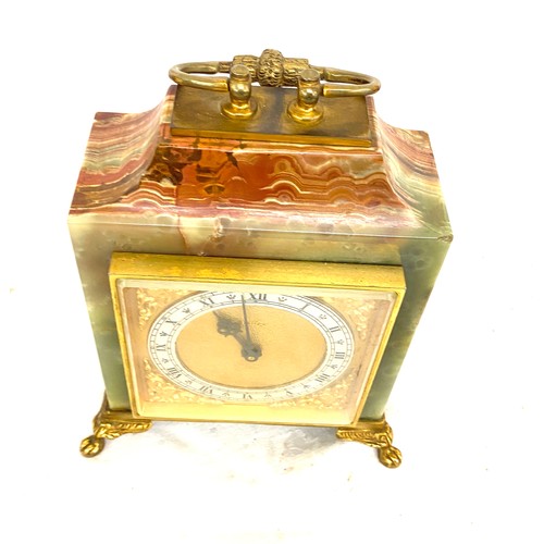 139 - Vintage brass and onyx mantle clock 15 jewel Swiss made