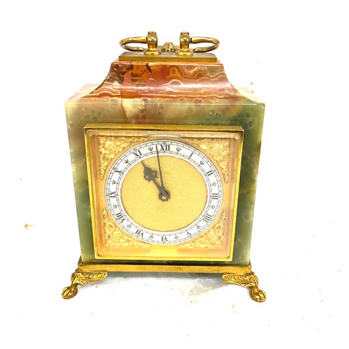 139 - Vintage brass and onyx mantle clock 15 jewel Swiss made