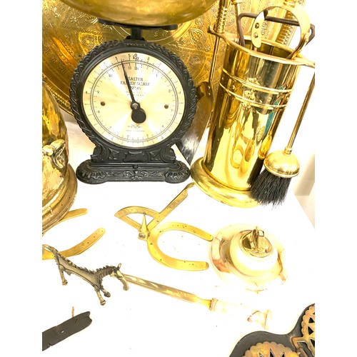 235 - Large selection of metal ware includes lighters, brassware includes Brass charger, coal box, salter ... 