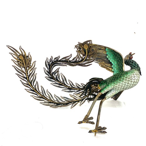 473 - Large vintage filigree oriental silver and enamel peacock figure, hallmarked