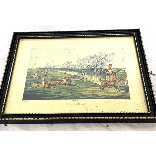 105 - 3 Framed hunting scene prints, each frame measures approx 8 inches tall 10 inches wide