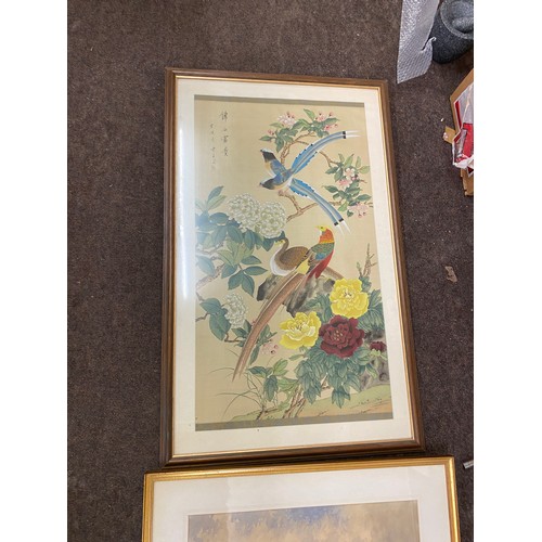 344 - Signed framed water colour with a Ferrari print and a framed oriental cloth, largest measures approx... 