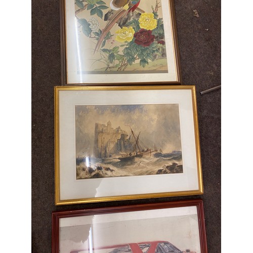 344 - Signed framed water colour with a Ferrari print and a framed oriental cloth, largest measures approx... 