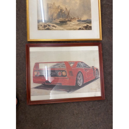 344 - Signed framed water colour with a Ferrari print and a framed oriental cloth, largest measures approx... 