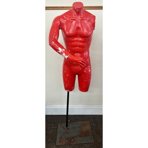 341 - Vintage red mannequin on stand, unfortunately he is missing an arm, approximate overall height: 66 i... 