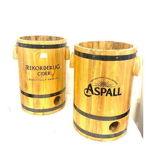 205 - 2 Wooden cider barrels, Rekordling, Aspall, approximate height 16 inches