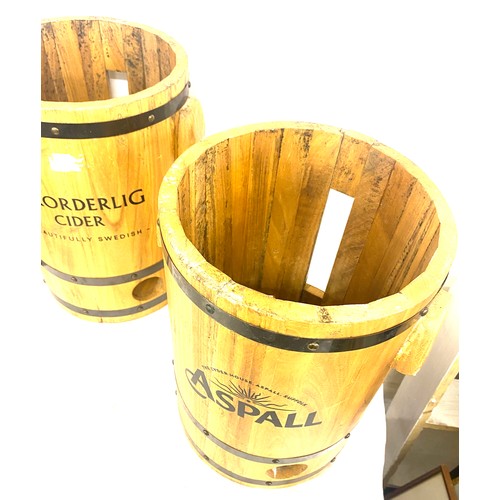 205 - 2 Wooden cider barrels, Rekordling, Aspall, approximate height 16 inches