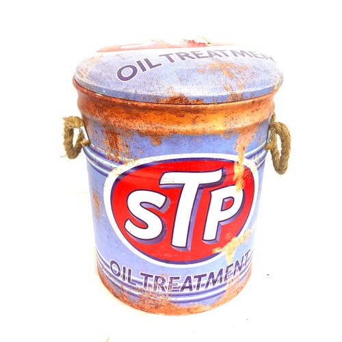 339 - STP oil treatment drum / stool, some damage to seat pad, overall height 13 inches and diameter 13 in... 