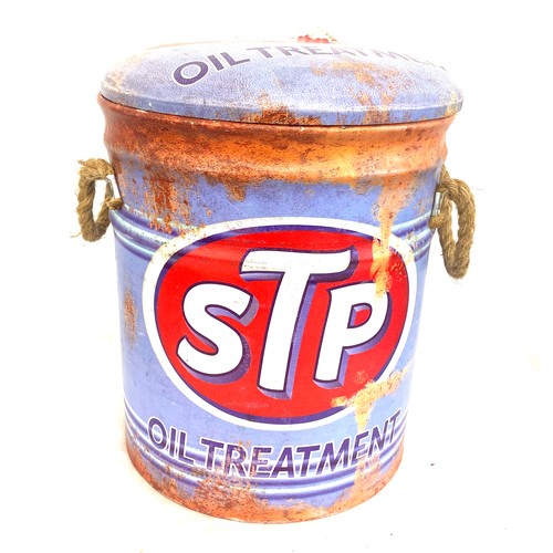 339 - STP oil treatment drum / stool, some damage to seat pad, overall height 13 inches and diameter 13 in... 