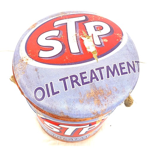 339 - STP oil treatment drum / stool, some damage to seat pad, overall height 13 inches and diameter 13 in... 