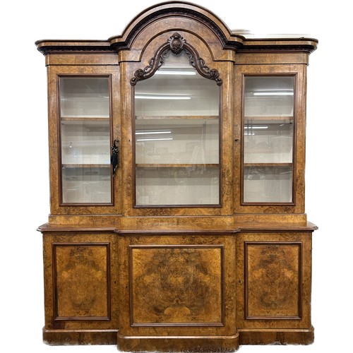 Burr walnut 3 door bookcase, 3 shelfs, lockable doors with key measures approx 94.5 inches tall 80 inches wide 25.5 inches depth