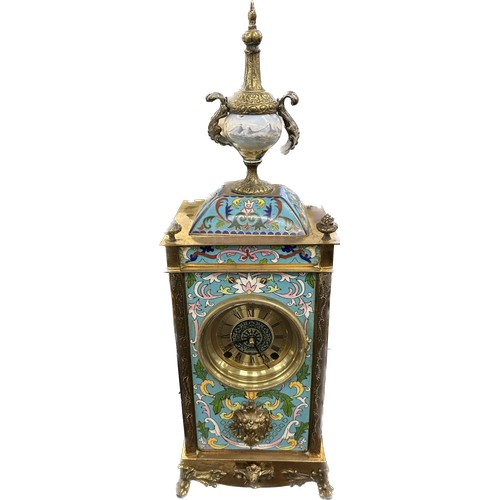 Vintage Oriental 2 keyhole brass and enamel Cloisonne mantel clock, untested, height approx 21 inches, untested