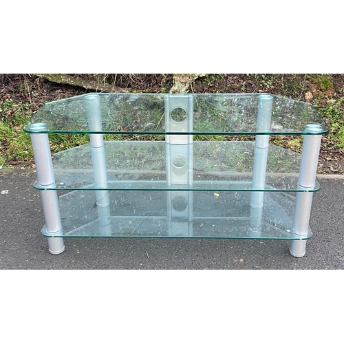 585 - Modern glass 3 tier tv unit, Height 21 inches, Length 41 inches, Depth 18 inches