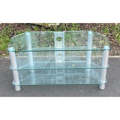 585 - Modern glass 3 tier tv unit, Height 21 inches, Length 41 inches, Depth 18 inches