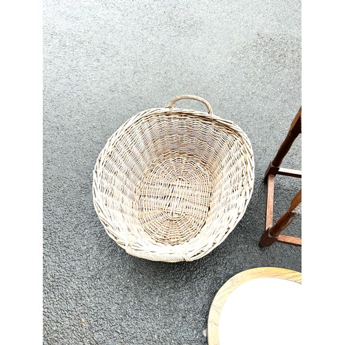 575 - Large wicker basket, woven top stool, smokers stand, oak framed mirror