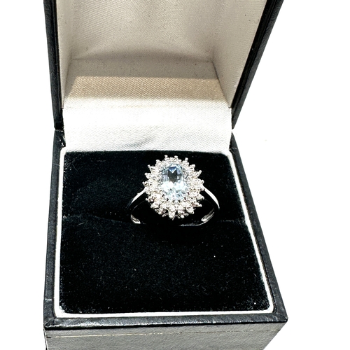 85 - 9ct white gold diamond & aqua ring weight 2.6g