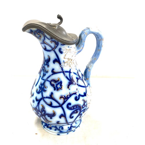 108 - Antique Flow blue and white pewter lidded jug, possibly Minton, approximate height 22cm