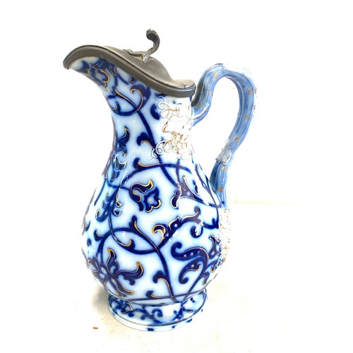 108 - Antique Flow blue and white pewter lidded jug, possibly Minton, approximate height 22cm