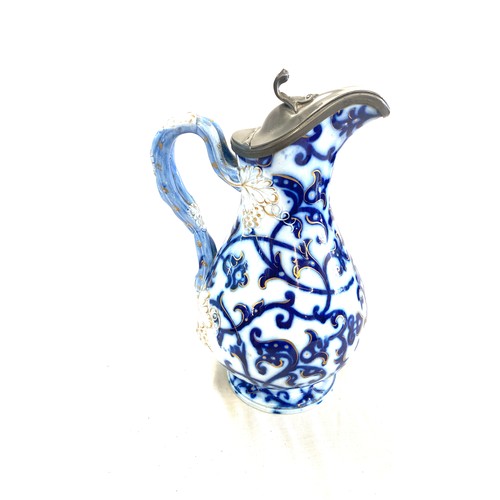 108 - Antique Flow blue and white pewter lidded jug, possibly Minton, approximate height 22cm