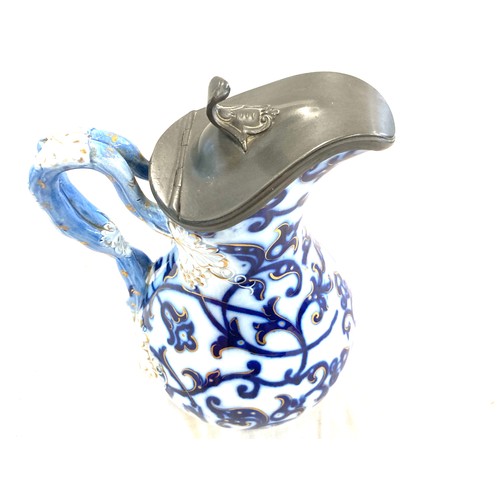 108 - Antique Flow blue and white pewter lidded jug, possibly Minton, approximate height 22cm