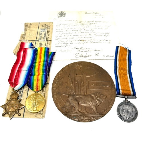 80 - ww1 trio & death plaque with postal packets & medal award notice to 17627 pte j.foulkes manch .r