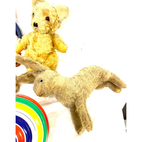 18 - Antique vintage soft toys, straw filled, rabbit, teddy bear and a dog, felt dog and a spinning top