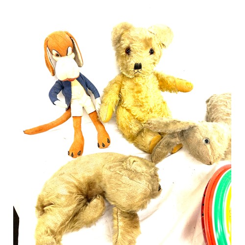 18 - Antique vintage soft toys, straw filled, rabbit, teddy bear and a dog, felt dog and a spinning top