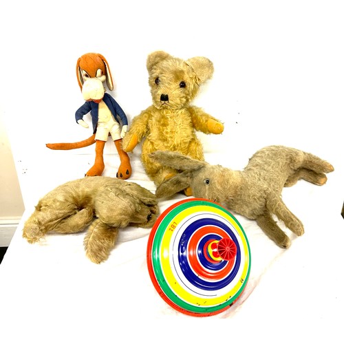 18 - Antique vintage soft toys, straw filled, rabbit, teddy bear and a dog, felt dog and a spinning top