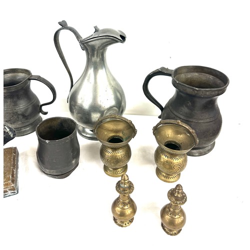 94 - James Dixon coffee pot, old pewter measures and a Spelter Dick Turpin