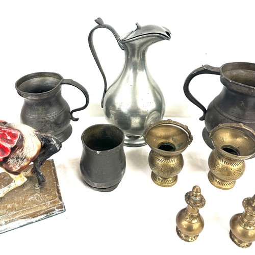 94 - James Dixon coffee pot, old pewter measures and a Spelter Dick Turpin