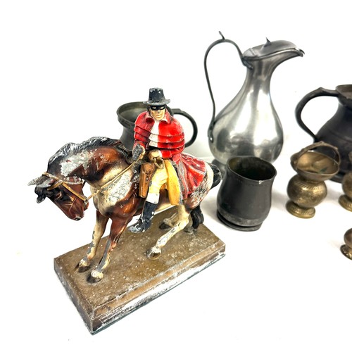 94 - James Dixon coffee pot, old pewter measures and a Spelter Dick Turpin