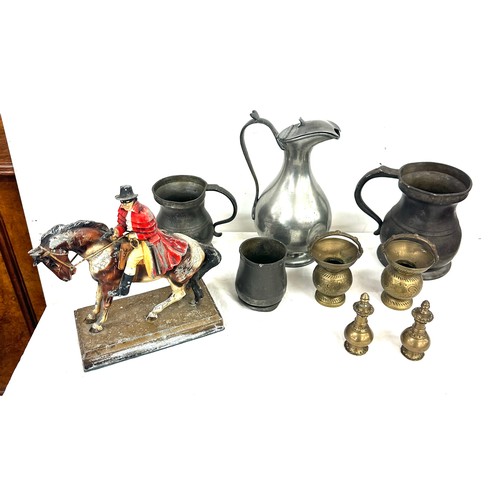 94 - James Dixon coffee pot, old pewter measures and a Spelter Dick Turpin