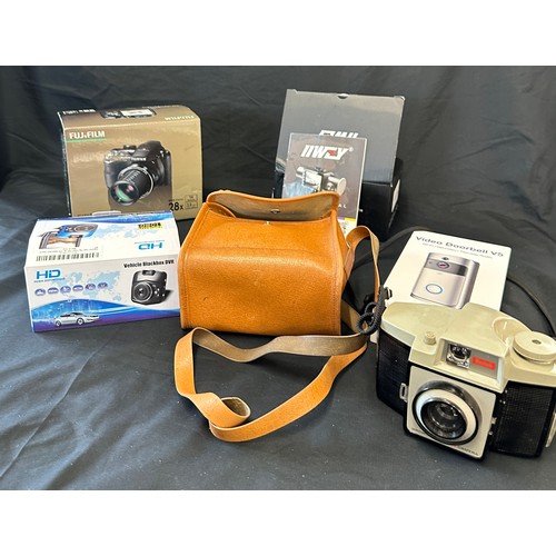 143 - Selection of electrical items includes Fuji film 28x, dash cam, black box etc