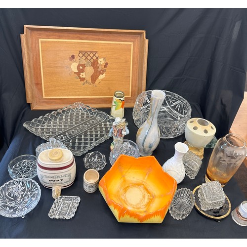 204 - Selection of miscellaneous items includes wooden tray, glass ware, pottery etc