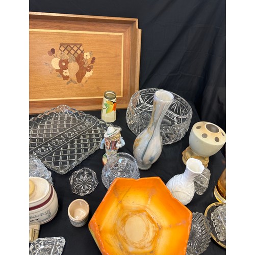 204 - Selection of miscellaneous items includes wooden tray, glass ware, pottery etc