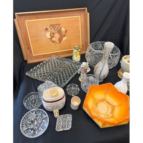 204 - Selection of miscellaneous items includes wooden tray, glass ware, pottery etc