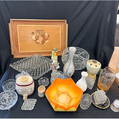 204 - Selection of miscellaneous items includes wooden tray, glass ware, pottery etc