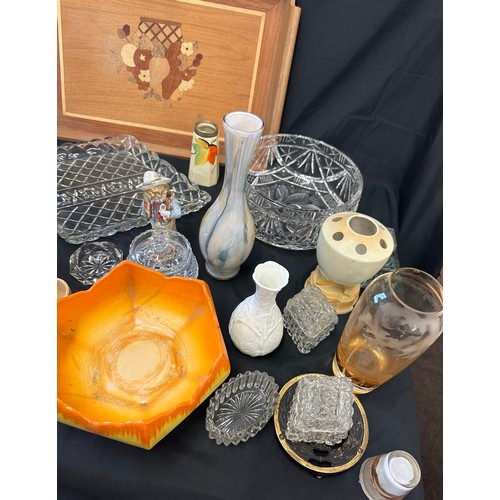 204 - Selection of miscellaneous items includes wooden tray, glass ware, pottery etc