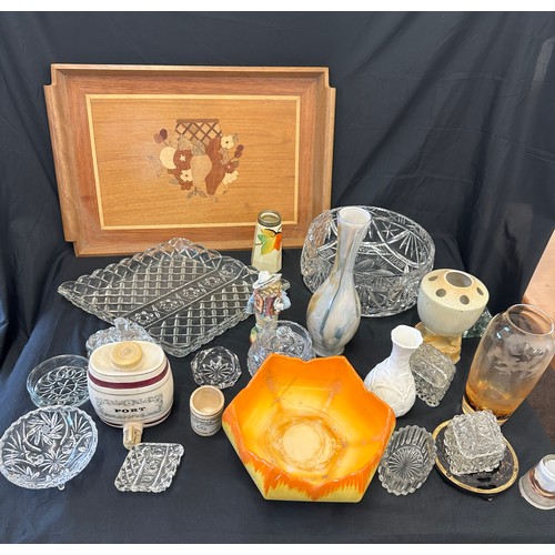 204 - Selection of miscellaneous items includes wooden tray, glass ware, pottery etc