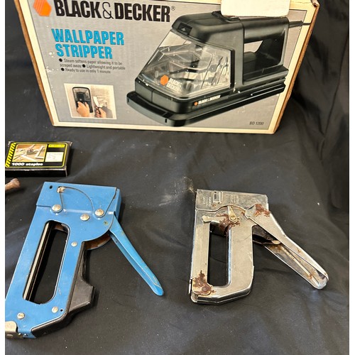 167 - Selection of tools includes Black and decker wall paper stripper, g clamps, staplers etc