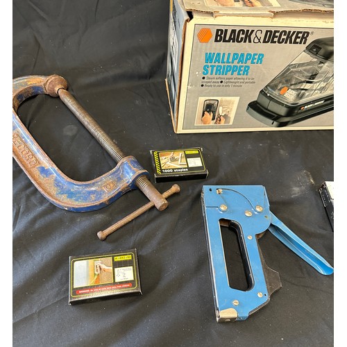 167 - Selection of tools includes Black and decker wall paper stripper, g clamps, staplers etc