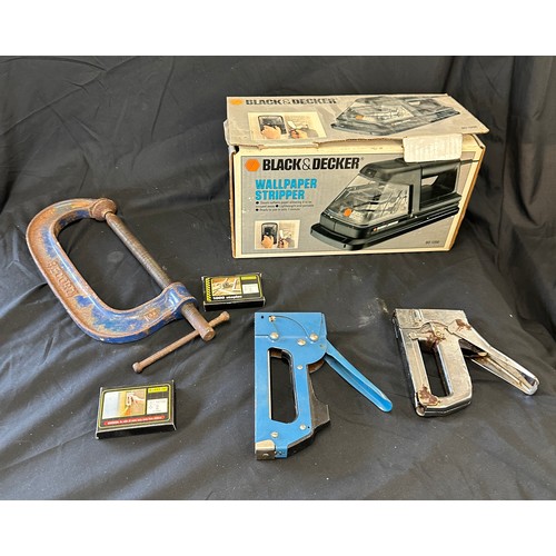 167 - Selection of tools includes Black and decker wall paper stripper, g clamps, staplers etc