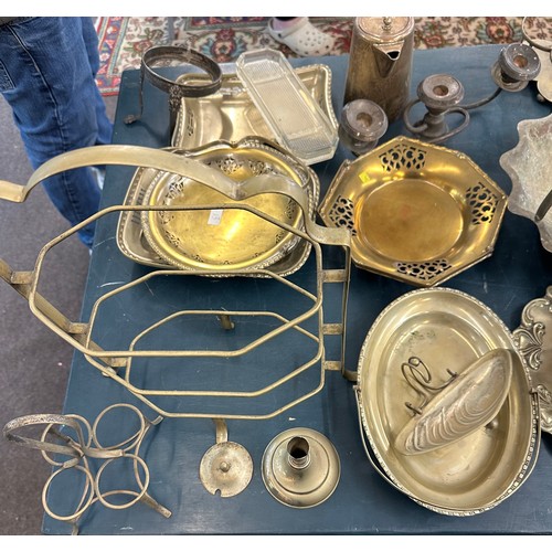 263 - Large selection of silver plated items includes candle sticks, tea pot etc