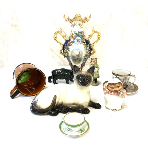 63 - Selection of collectables includes Beswick cat, oriental cup and saucer, Beatrix Potter, Crown Devon... 