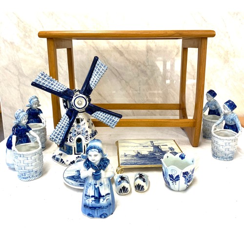 237 - Selection of blue and white pottery to include figurines and also a tile top table etc