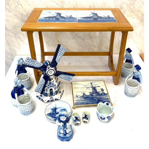 237 - Selection of blue and white pottery to include figurines and also a tile top table etc