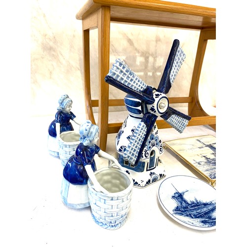 237 - Selection of blue and white pottery to include figurines and also a tile top table etc